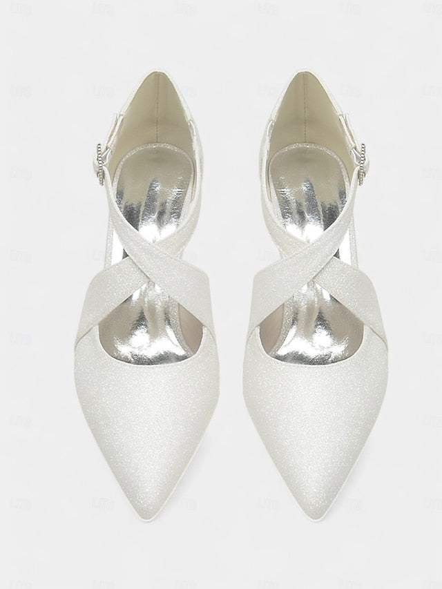 White Strap Buckle Cross Kitten Heels Rhinestone Glitter with