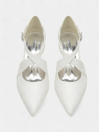 White Strap Buckle Cross Kitten Heels Rhinestone Glitter with