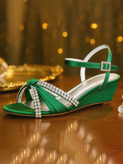 Satin Rhinestone Green - Women's Knot Wedge Sandals