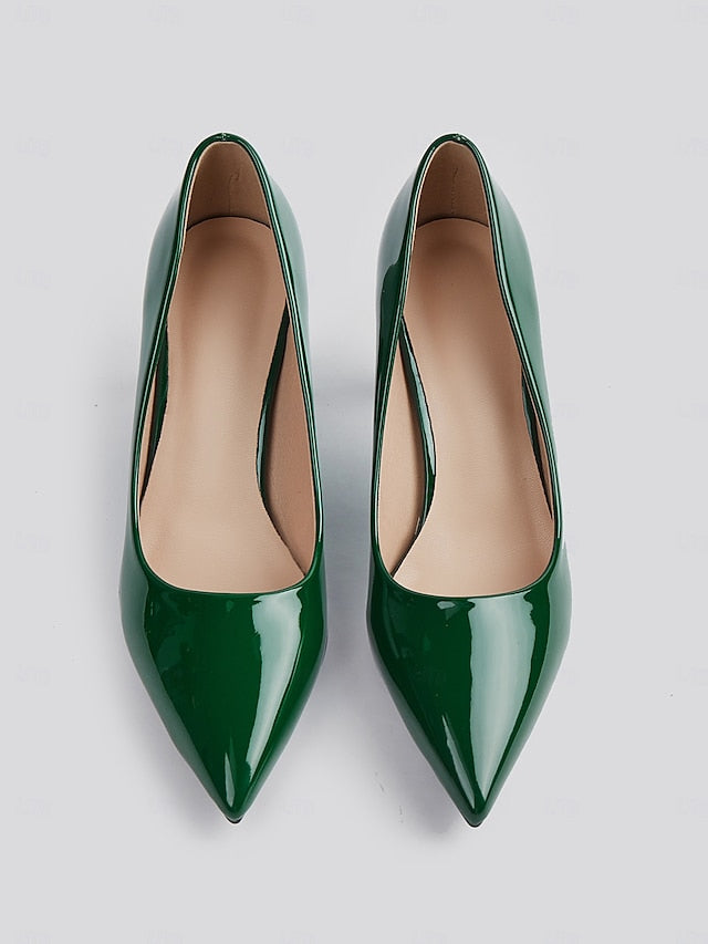 Leather Block Heel Glossy Pointed-Toe Pumps Green Patent Faux