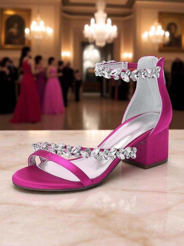 Heel Purple - Satin Crystal Block Women's Sandals