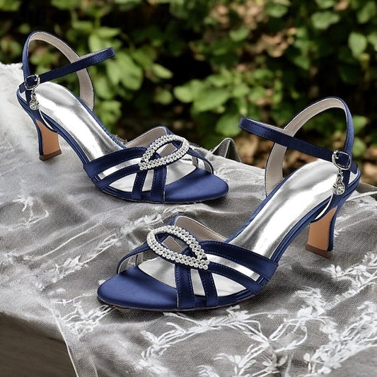 Strappy Heels with Satin Dark Women's Rhinestone Blue