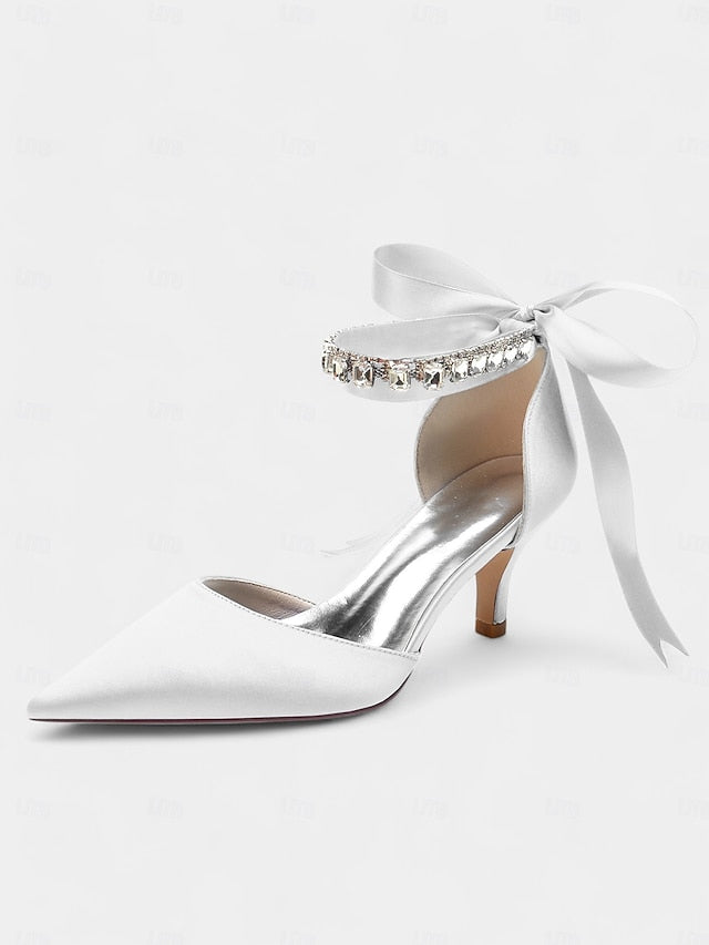 with Ankle and Strap Heels Satin Pointed-Kitten Blue Rhinestone