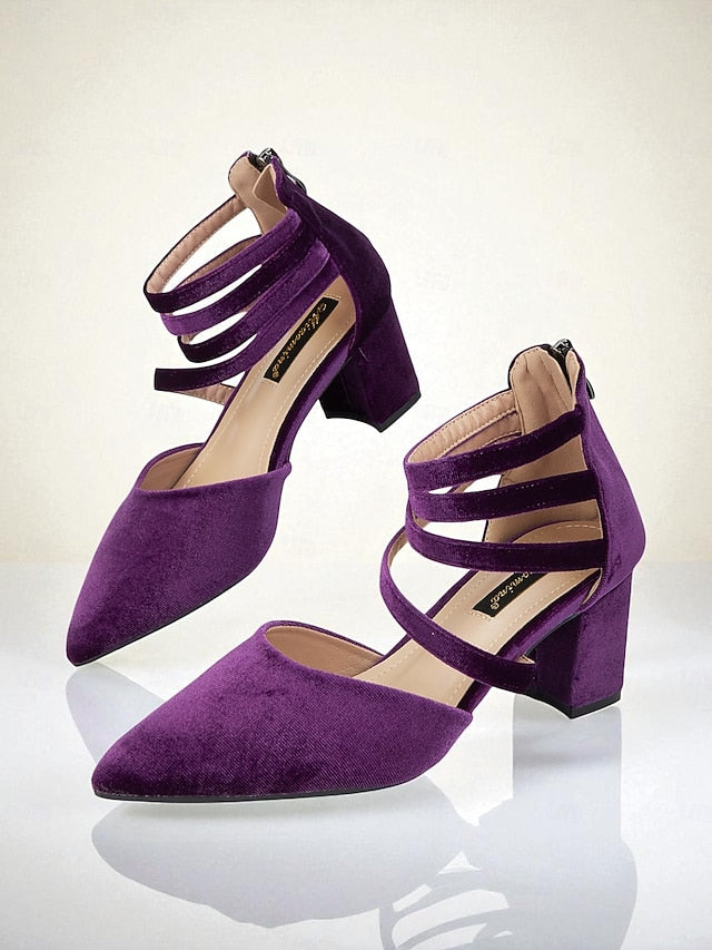 with Toe Pointed Pumps Women's Block Blue Heel Velvet