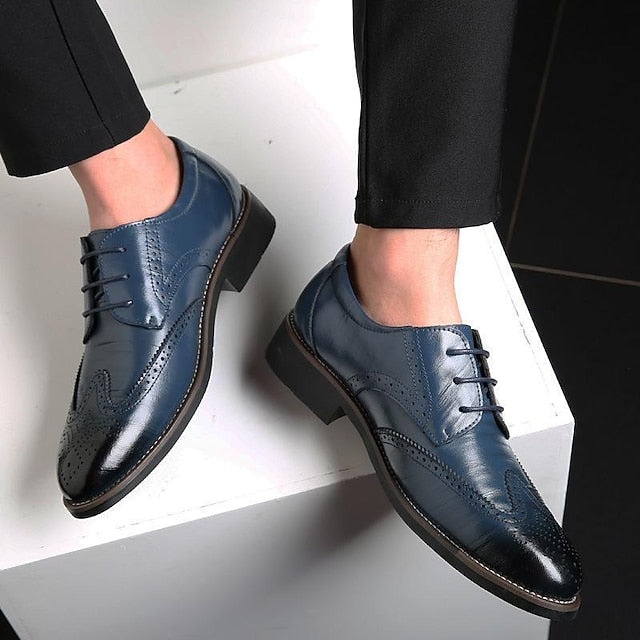 Brogue Shoes with Classic Men's Blue Faux Oxford Leather