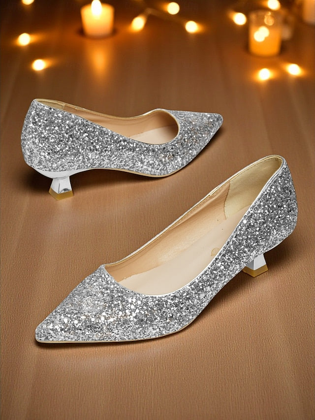 Toe Pointed Heel Women's Pumps Low Glitter - Sparkly