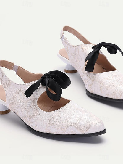 Bow Heels Vintage with - Elegant Slingback Lace Women's