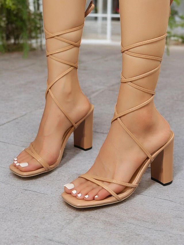 Heel Clear Heels White with Block Women's Lace-Up Strappy