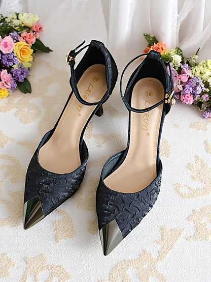 Toe Beige Women's and with Gold Pointed Heels Satin Accents