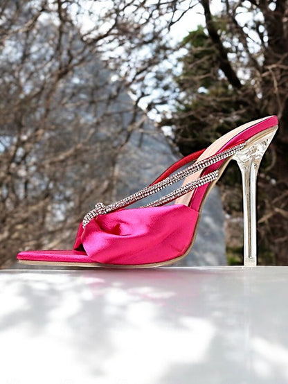 Sandals Rhinestone Bow Women's Satin Hot – Heeled Pink