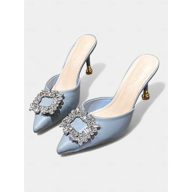 Buckle Toe Pointed with Light Blue Mules Crystal Women's