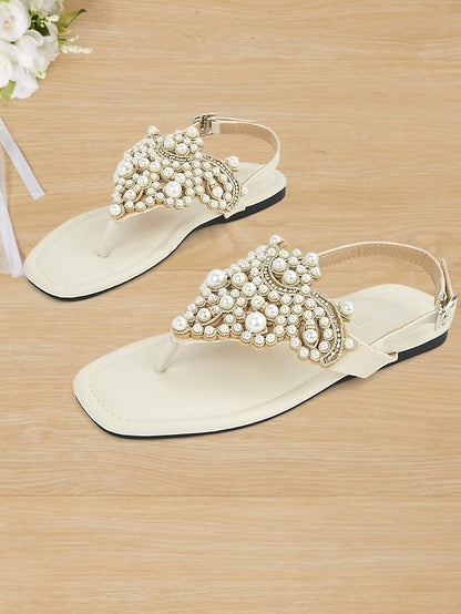 Sandals Pearl-Embellished Flat – T-Strap Women's Elegant
