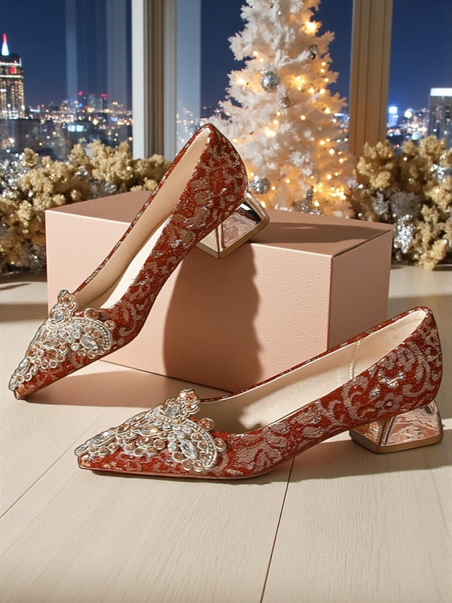 Women's Red Flats Pointed-Toe Rhinestone Embellished