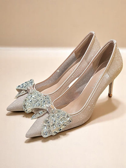Rhinestone Glitter Heels Women's High with Bow