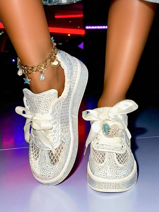 with White Sneakers Laces Ribbon Women's Rhinestone Satin