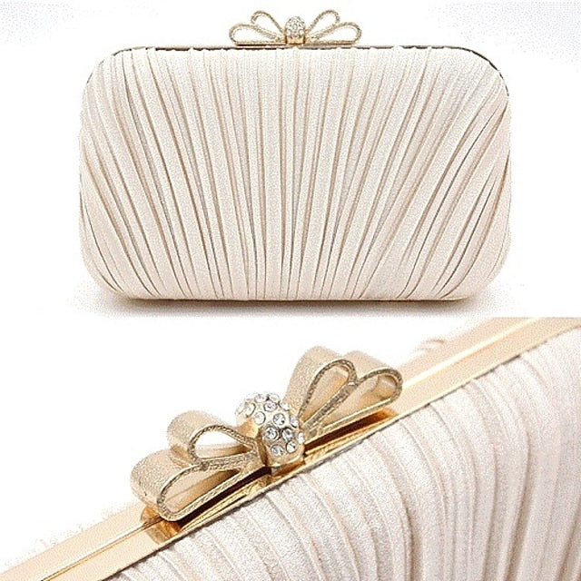 Rhinestone Women's Bag Bow White – Pleated Elegant Clutch