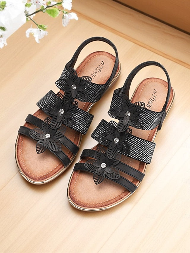 Elegant Rhinestone Flat Floral – Sandals Women's Beige