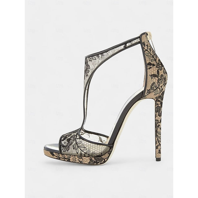 Design Lace Mesh Peep-Toe with for Heels Black Stiletto