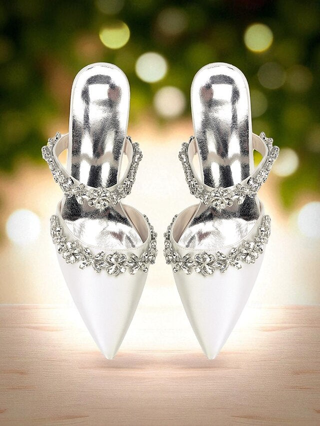 Women's Floral Satin Black Rhinestone Heel Mules Block with