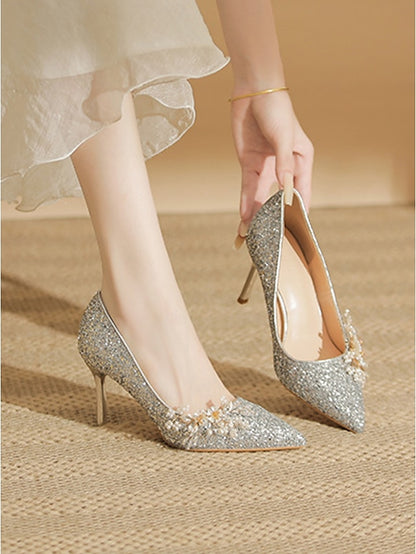 Glitter with Stiletto Silver Floral Heels Women's