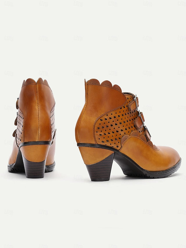 Vintage Women's Perforated Ankle Brown - Boots Buckle Strap