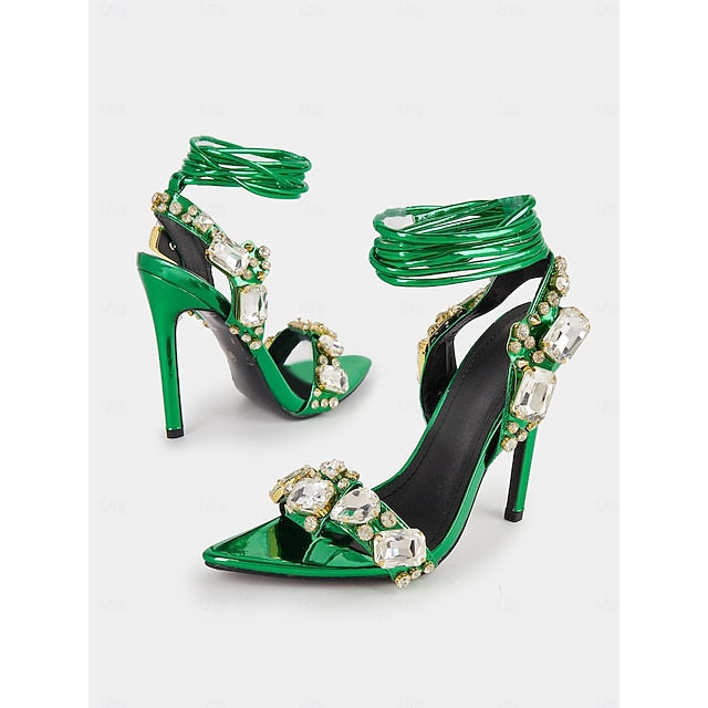 with Metallic Women's Lace-Up Heels Stiletto Green