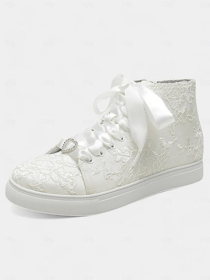 Lace Sneakers Wedding Women's Satin Laces with Ribbon Ivory