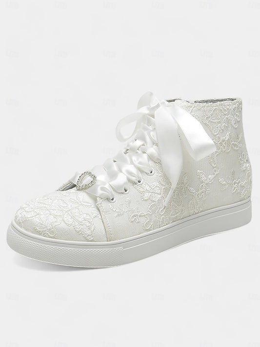 Lace Sneakers Wedding Women's Satin Laces with Ribbon Ivory