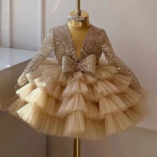 Performance Sleeve Long Sequin Kids Dress Party Girls'