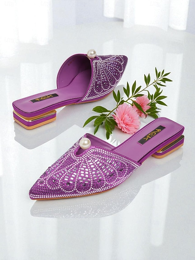 with - Glamorous Detail Gold Rhinestone Women's Mules Pearl