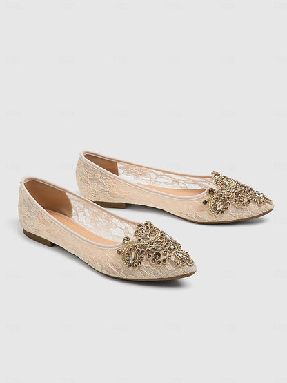 with Beige Lace Ornate Flats Women's Elegant Ballet