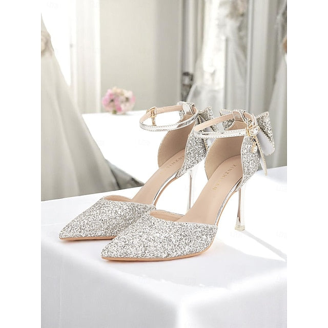 Pointed Sparkly Heels - Bow Toe Women's Silver Glitter
