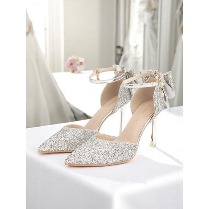 Pointed Sparkly Heels - Bow Toe Women's Silver Glitter
