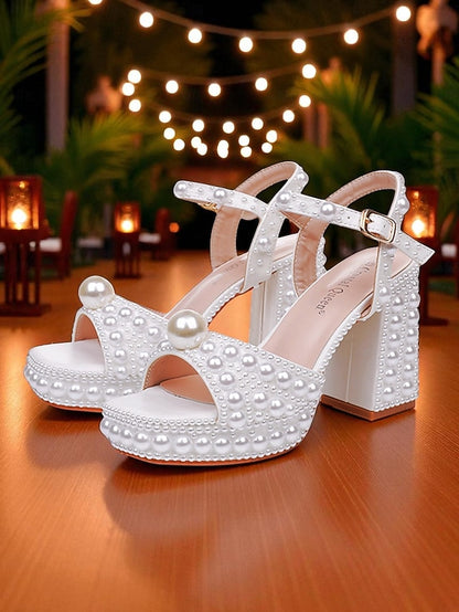Women's Sandals Embellished Platform Pearl Block Heel White