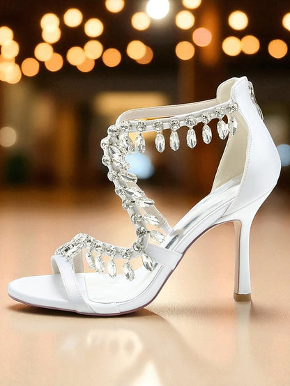 Strappy Heel Sandals Rhinestone High with Women's White