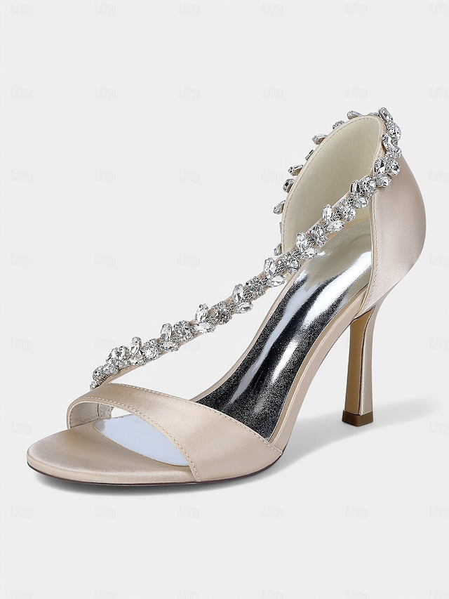 Champagne Satin – Women's with High Heels Crystal T-Strap