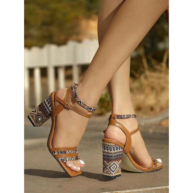 Block Heels with Textured Women's Boho-Chic Strap Patterned