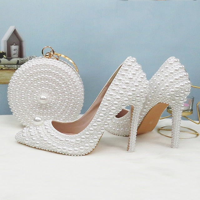 Purse Heels and White Round Stiletto Pearl Set Pearl-Embellished