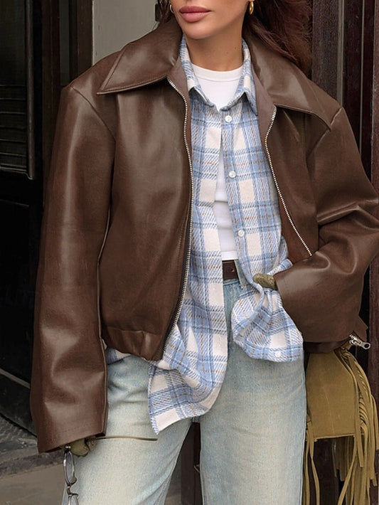 Women's Pocket Leather Jacket Comfortable Warm Faux Zipper