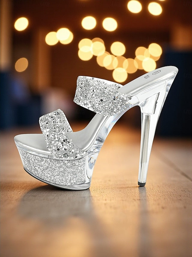 Peep - Platform Mules Rhinestone Glitter High Heel Women's