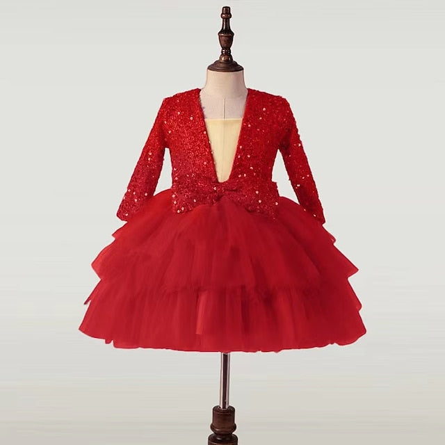 Sleeve Girls' Party Kids Sequin Long Performance Dress