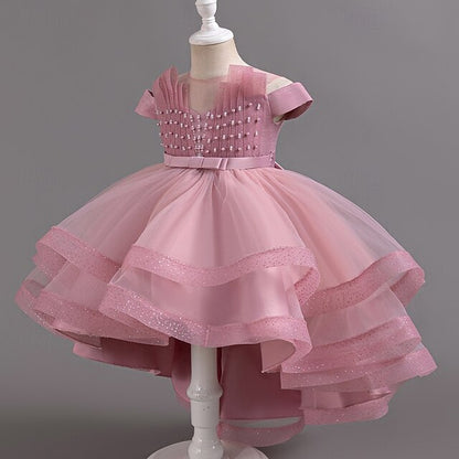 Sleeve Girls' Party Color Wedding Dress Kids Solid Short