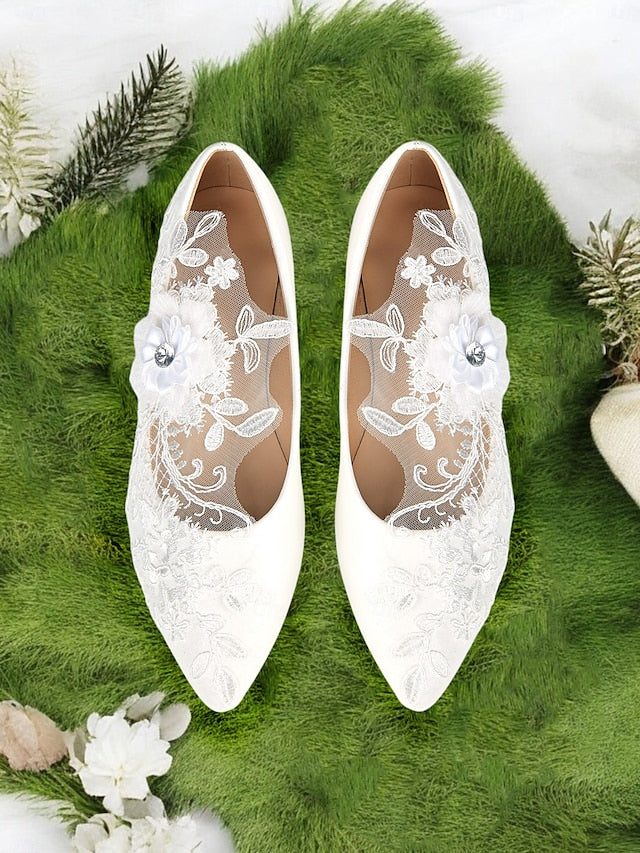 and Lace with Design White Wedding Floral Mesh Appliqué Shoes