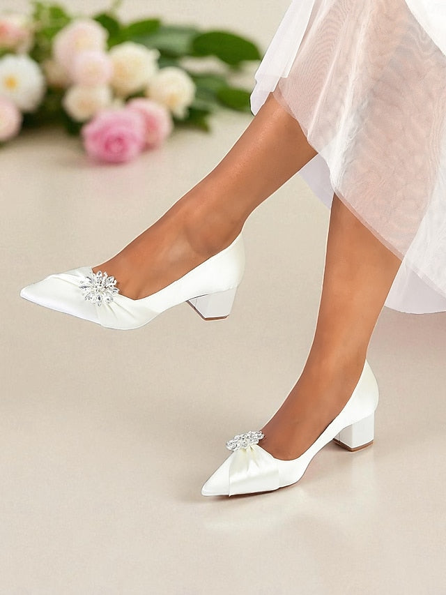 Women's Crystal Heel Pumps Block Low with White