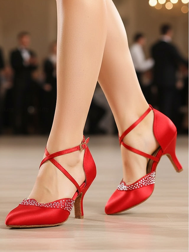 - Ballroom Toe Red Shoes Dance Satin Closed Cross Women's