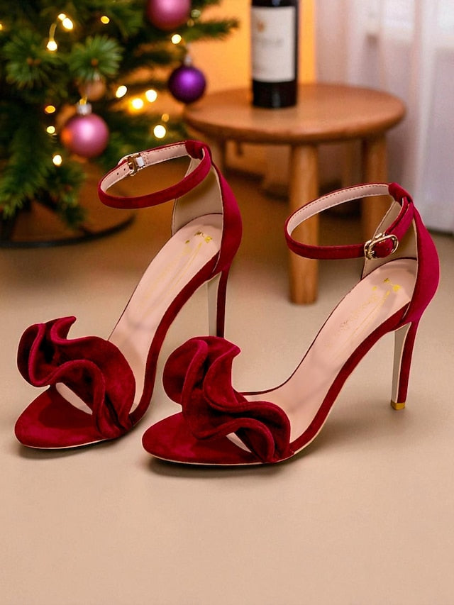 Elegant Velvet Heel Sandals High - Women's Red Strap Ankle