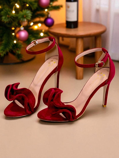 Elegant Velvet Heel Sandals High - Women's Red Strap Ankle