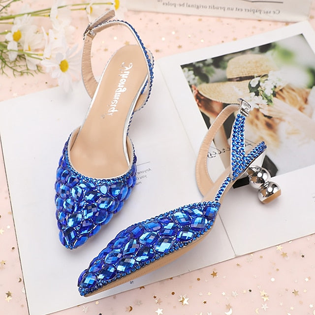 Heels Women's Crystal Slingback High Rhinestone Pointed-Toe