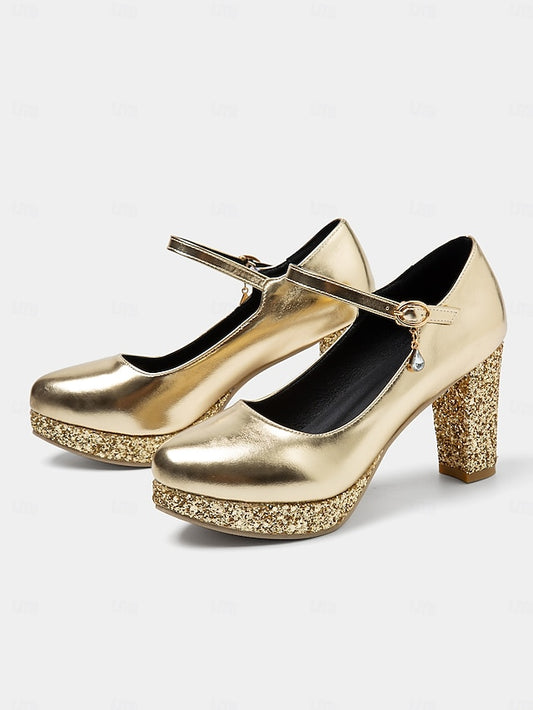 – Women's Block Heel Jane Glitter Mary Sparkly Gold Pumps