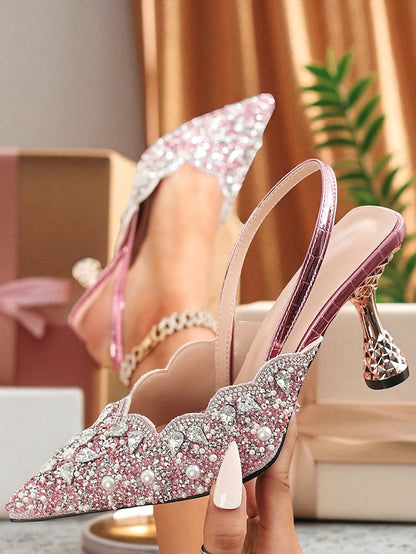 Toe Party - Women's Rhinestone Slingback Pink Pointed Heels